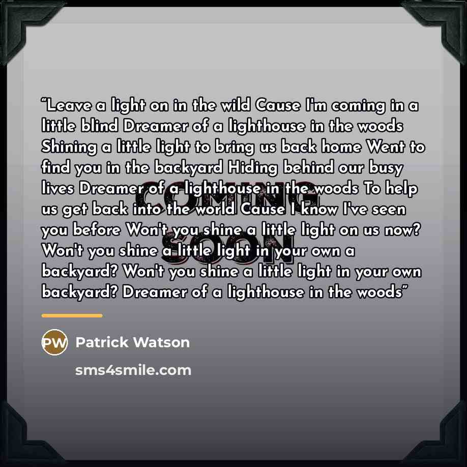 “Leave a light on in the wild Cause I'm coming in a little blind Dreamer of a lighthouse in the woods Shining a little light to bring us back home Went to find you in the backyard Hiding behind our busy lives Dreamer of a lighthouse in the woods To help us get back into the world Cause I know I've…” quote by Patrick Watson