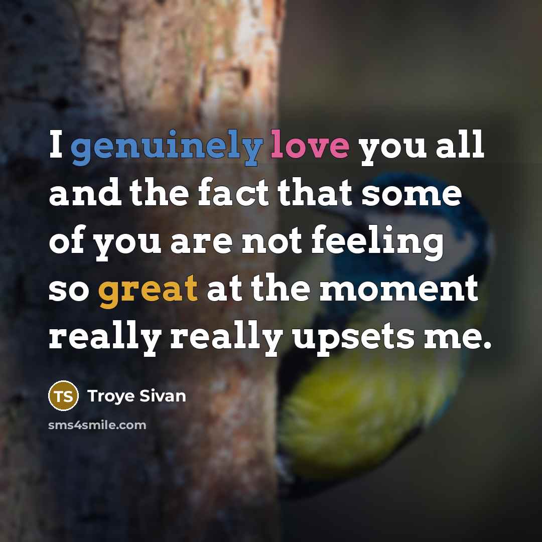 “I genuinely love you all and the fact that some of you are not feeling so great at the moment really really upsets me.” quote by Troye Sivan