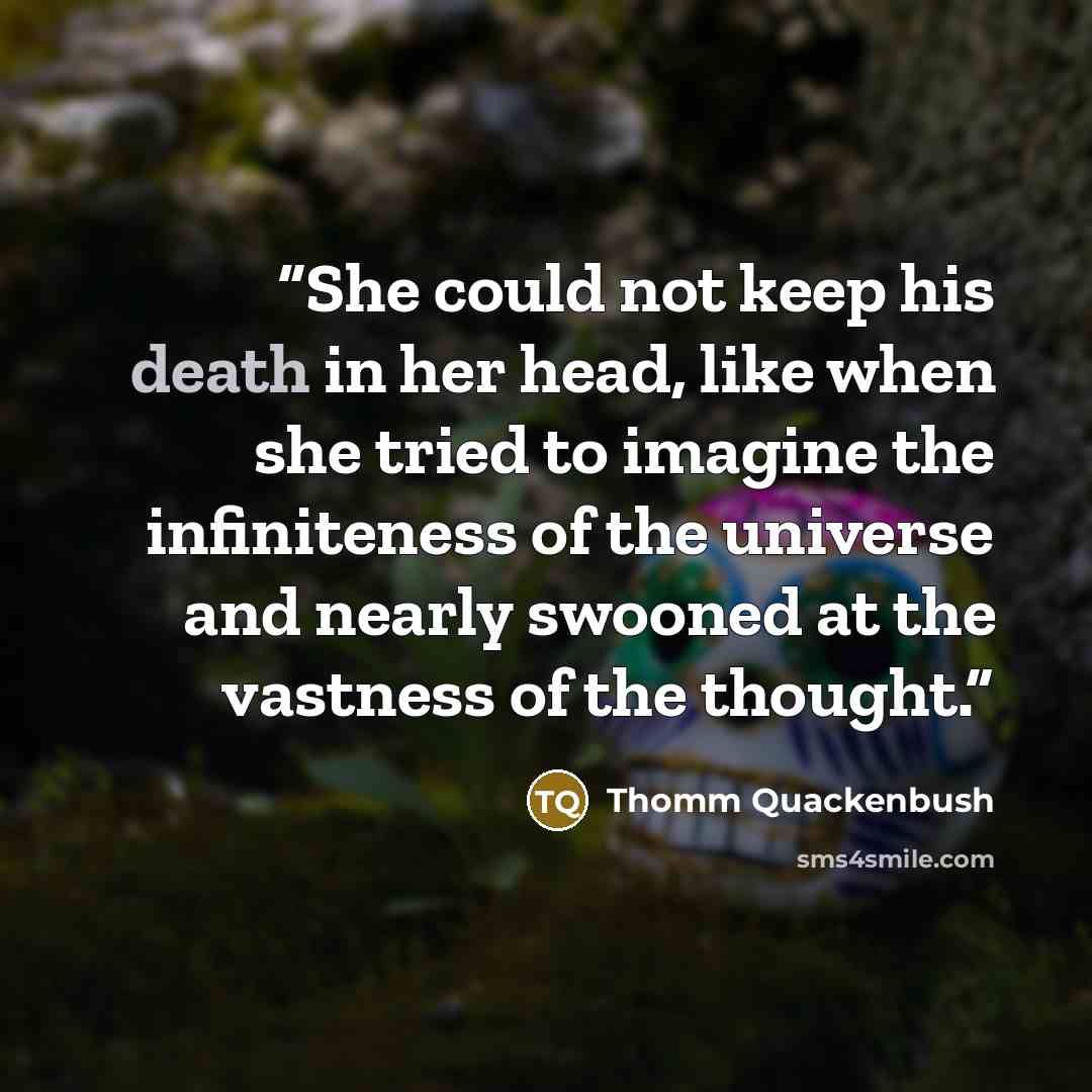 “She could not keep his death in her head, like when she tried to imagine the infiniteness of the universe and nearly swooned at the vastness of the thought.” quote by Thomm Quackenbush