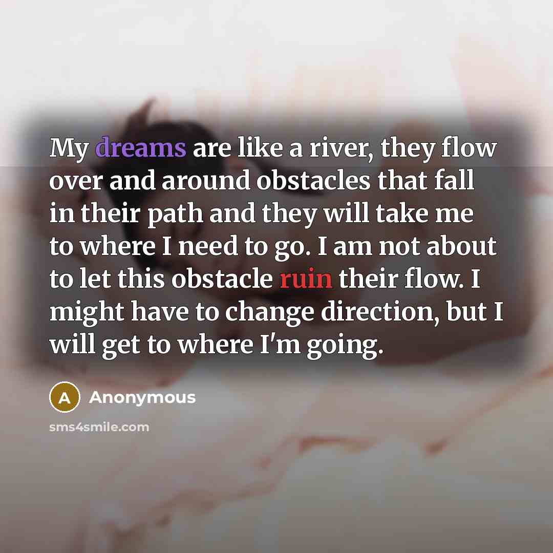 “My dreams are like a river, they flow over and around obstacles that fall in their path and they will take me to where I need to go. I am not about to let this obstacle ruin their flow. I might have to change direction, but I will get to where I'm going.” quote by Anonymous