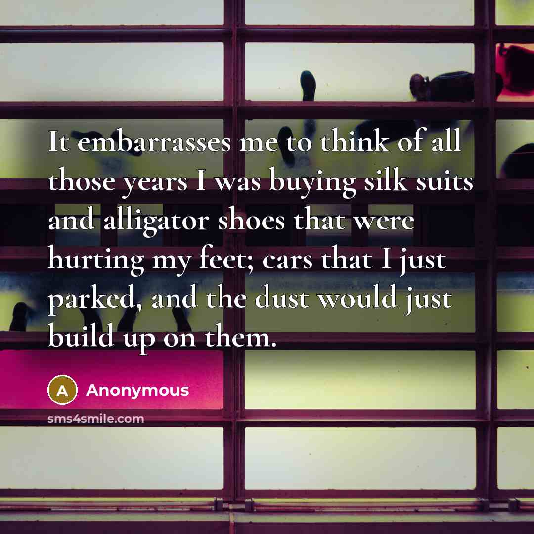 “It embarrasses me to think of all those years I was buying silk suits and alligator shoes that were hurting my feet; cars that I just parked, and the dust would just build up on them.” quote by Anonymous