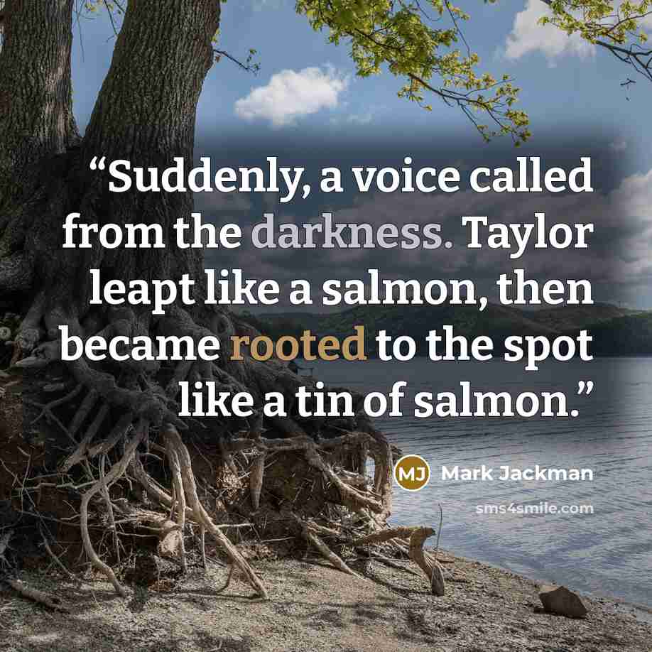 “Suddenly, a voice called from the darkness. Taylor leapt like a salmon, then became rooted to the spot like a tin of salmon.” quote by Mark Jackman
