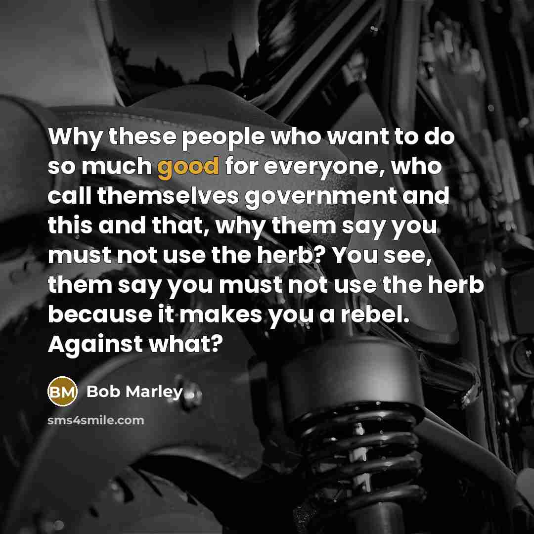 “Why these people who want to do so much good for everyone, who call themselves government and this and that, why them say you must not use the herb? You see, them say you must not use the herb because it makes you a rebel. Against what?” quote by Bob Marley