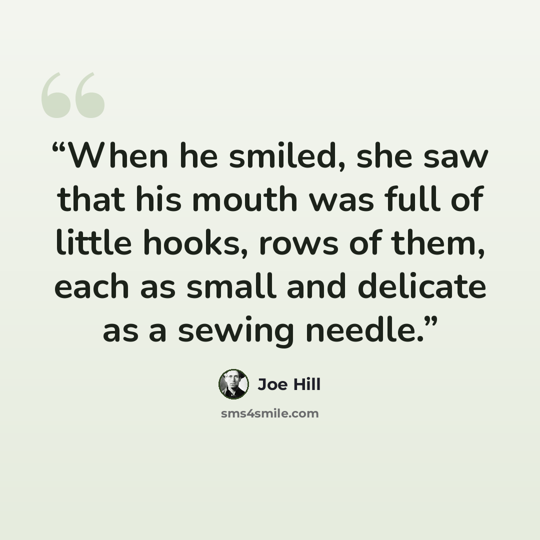 “When he smiled, she saw that his mouth was full of little hooks, rows of them, each as small and delicate as a sewing needle.” quote by Joe Hill