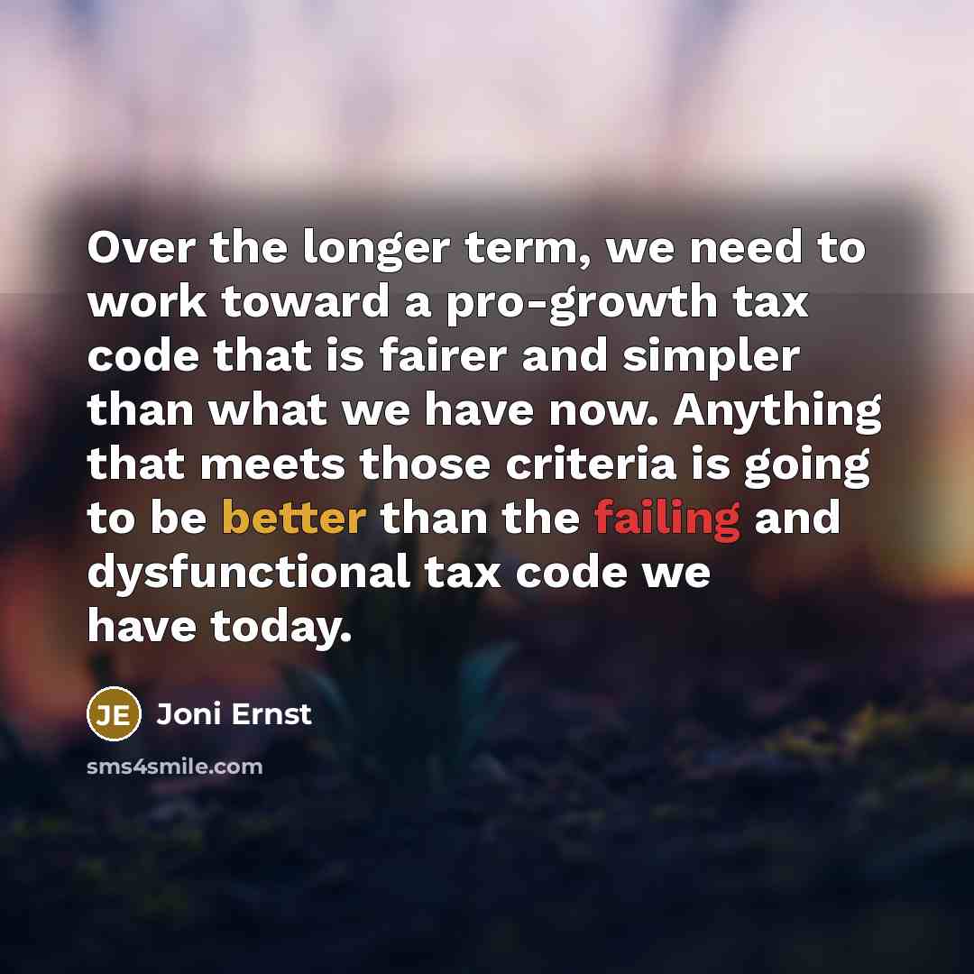 “Over the longer term, we need to work toward a pro-growth tax code that is fairer and simpler than what we have now. Anything that meets those criteria is going to be better than the failing and dysfunctional tax code we have today.” quote by Joni Ernst
