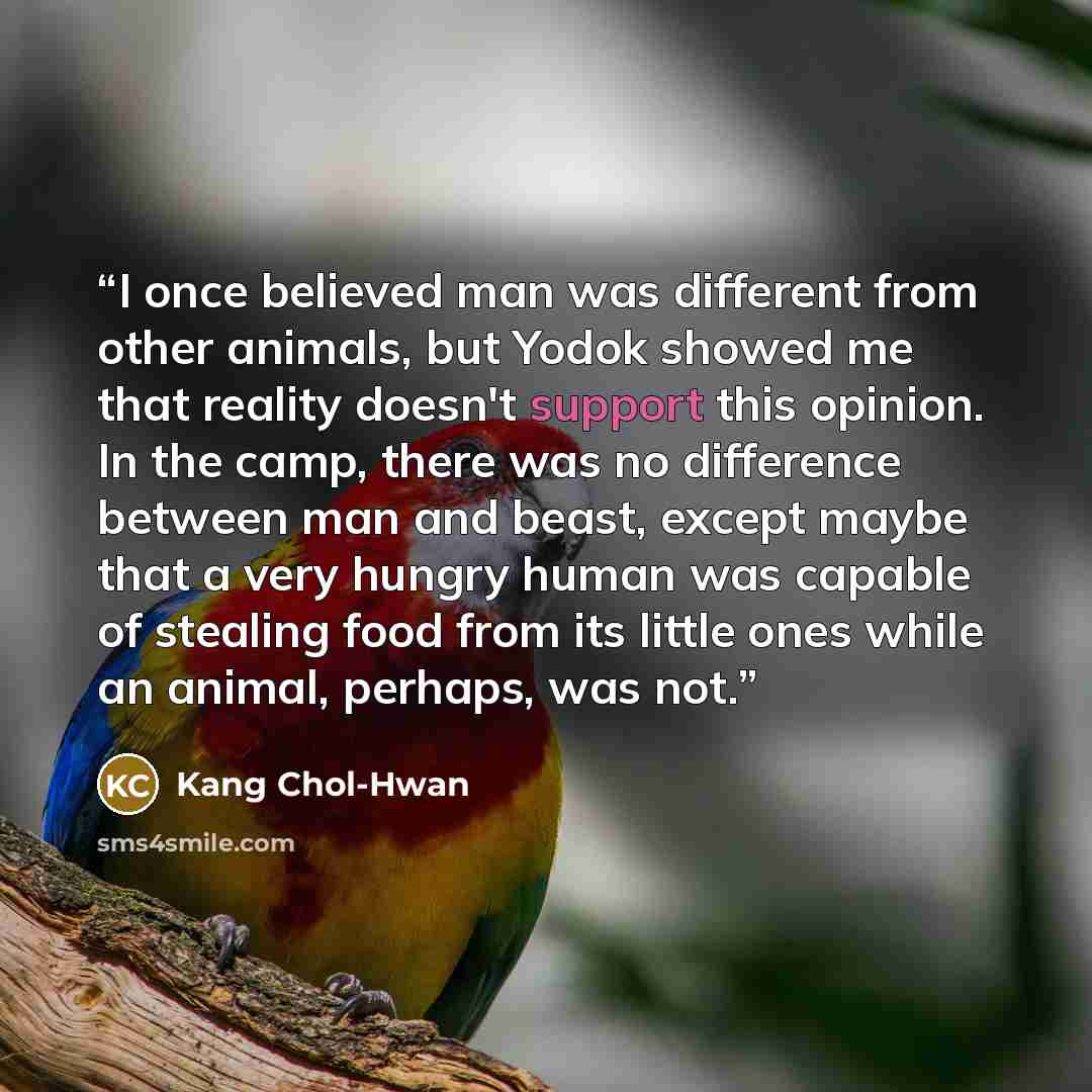 “I once believed man was different from other animals, but Yodok showed me that reality doesn't support this opinion. In the camp, there was no difference between man and beast, except maybe that a very hungry human was capable of stealing food from its little ones while an animal, perhaps, was not.” quote by Kang Chol-Hwan