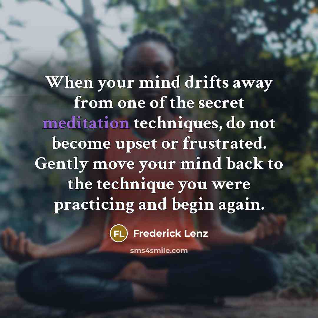 “When your mind drifts away from one of the secret meditation techniques, do not become upset or frustrated. Gently move your mind back to the technique you were practicing and begin again.” quote by Frederick Lenz