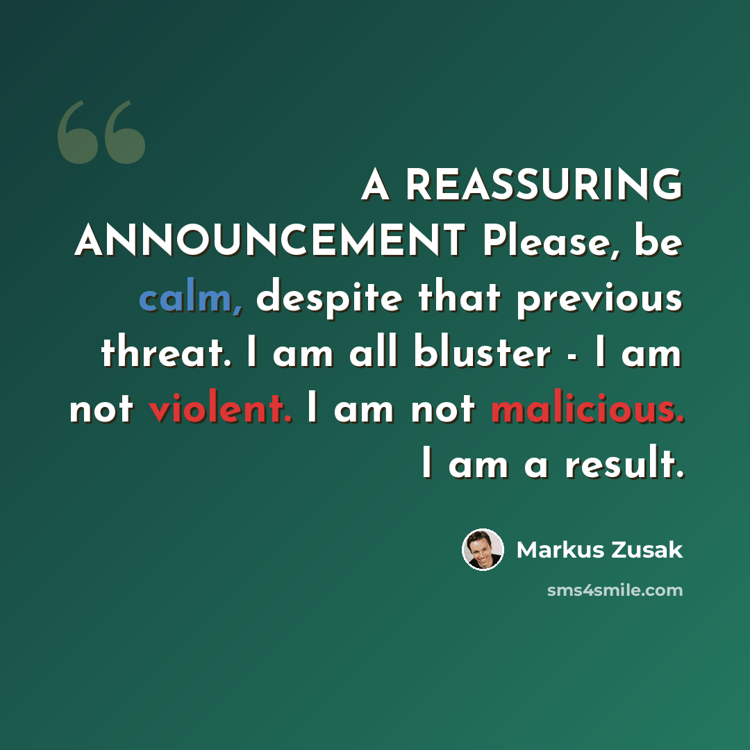 “A REASSURING ANNOUNCEMENT Please, be calm, despite that previous threat. I am all bluster - I am not violent. I am not malicious. I am a result.” quote by Markus Zusak