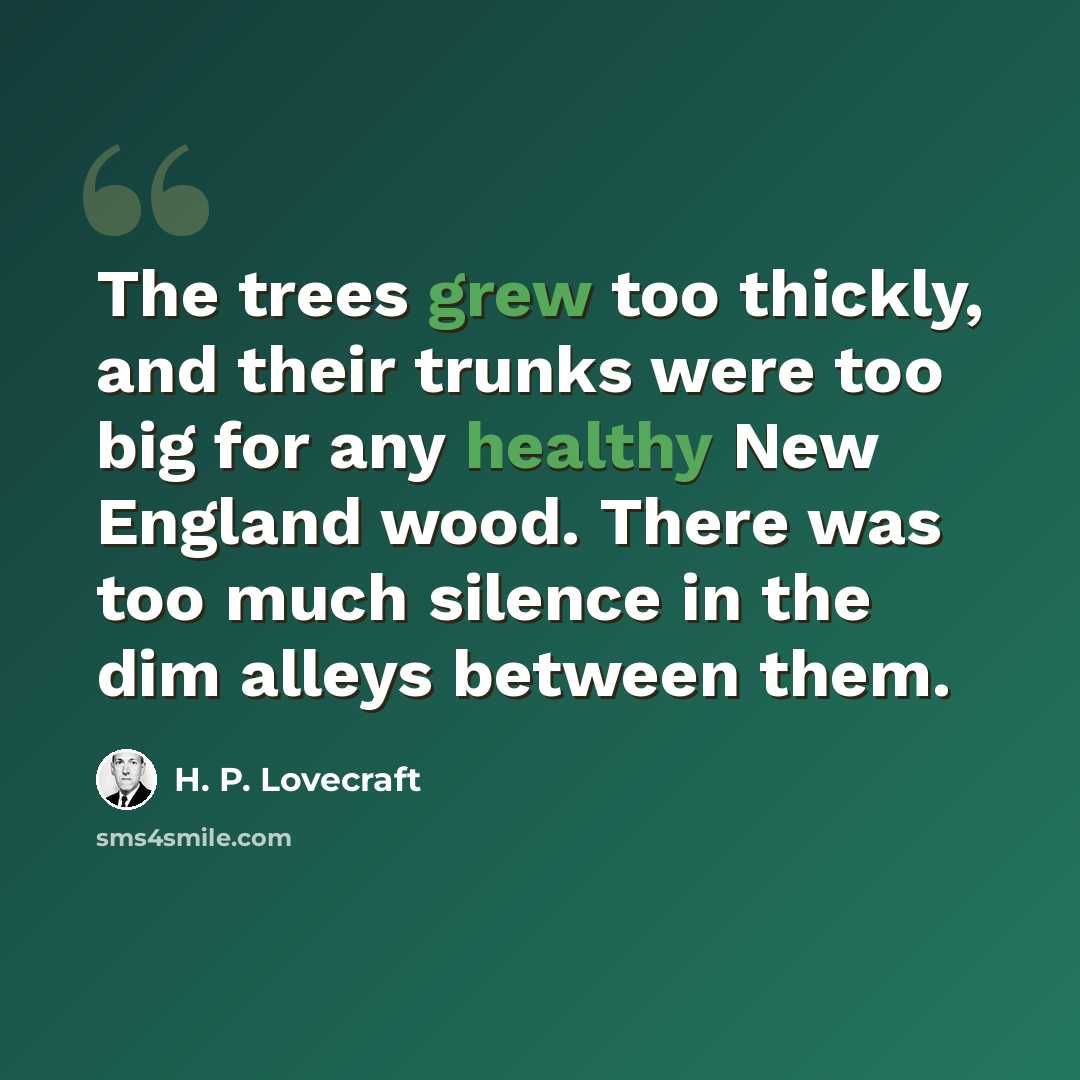 “The trees grew too thickly, and their trunks were too big for any healthy New England wood. There was too much silence in the dim alleys between them.” quote by H. P. Lovecraft