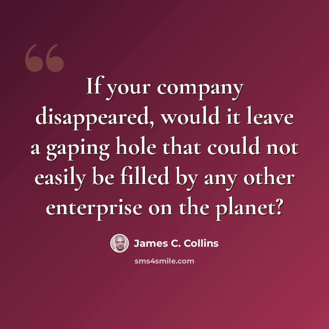 “If your company disappeared, would it leave a gaping hole that could not easily be filled by any other enterprise on the planet?” quote by James C. Collins
