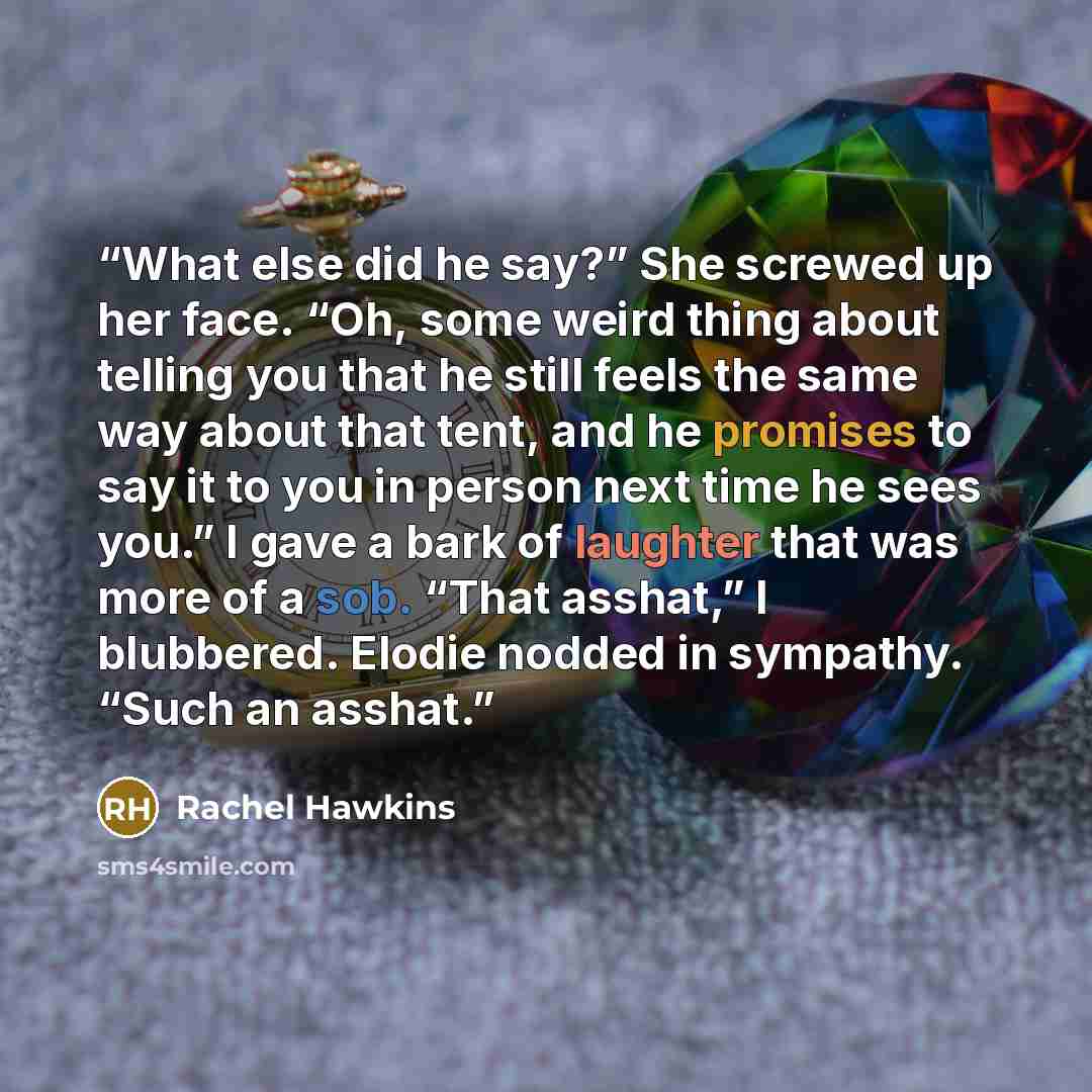 “What else did he say?” She screwed up her face. “Oh, some weird thing about telling you that he still feels the same way about that tent, and he promises to say it to you in person next time he sees you.” I gave a bark of laughter that was more of a sob. “That asshat,” I blubbered. Elodie nodded…” quote by Rachel Hawkins