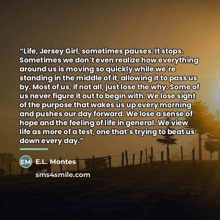 “Life, Jersey Girl, sometimes pauses. It stops. Sometimes we don’t even realize how everything around us is moving so quickly while we’re standing in the middle of it, allowing it to pass us by. Most of us, if not all, just lose the why. Some of us never figure it out to begin with. We lose sight…” quote by E.L. Montes