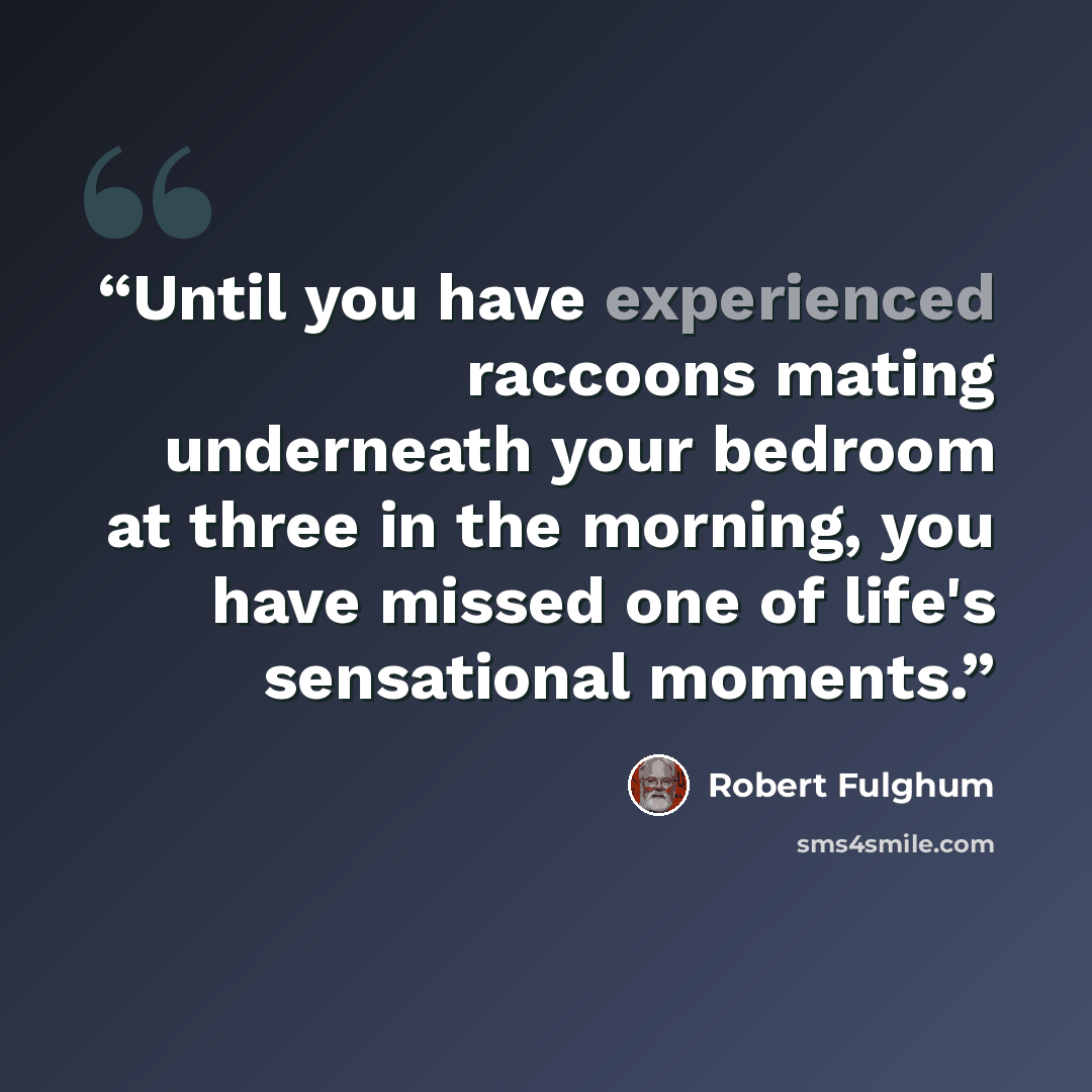“Until you have experienced raccoons mating underneath your bedroom at three in the morning, you have missed one of life's sensational moments.” quote by Robert Fulghum