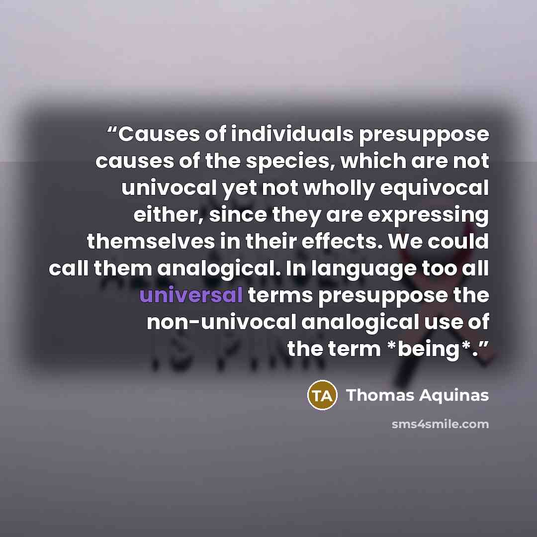 “Causes of individuals presuppose causes of the species, which are not univocal yet not wholly equivocal either, since they are expressing themselves in their effects. We could call them analogical. In language too all universal terms presuppose the non-univocal analogical use of the term *being*.” quote by Thomas Aquinas
