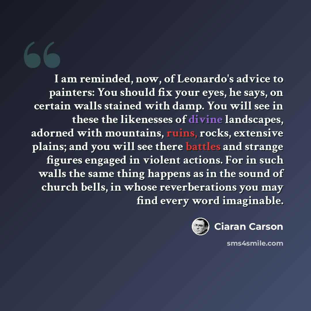 “I am reminded, now, of Leonardo's advice to painters: You should fix your eyes, he says, on certain walls stained with damp. You will see in these the likenesses of divine landscapes, adorned with mountains, ruins, rocks, extensive plains; and you will see there battles and strange figures engaged…” quote by Ciaran Carson