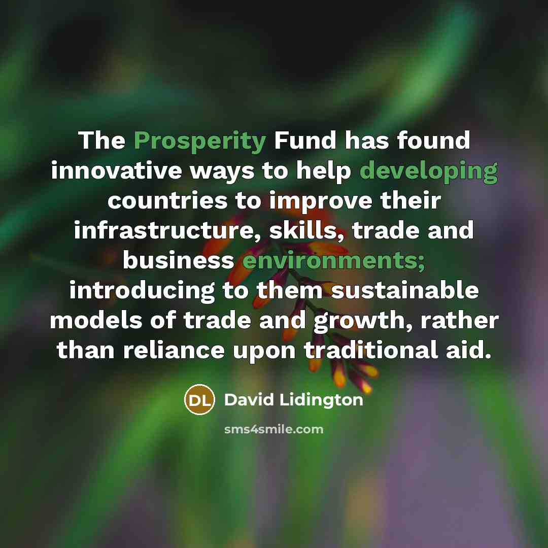 “The Prosperity Fund has found innovative ways to help developing countries to improve their infrastructure, skills, trade and business environments; introducing to them sustainable models of trade and growth, rather than reliance upon traditional aid.” quote by David Lidington