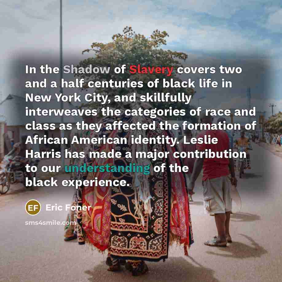 “In the Shadow of Slavery covers two and a half centuries of black life in New York City, and skillfully interweaves the categories of race and class as they affected the formation of African American identity. Leslie Harris has made a major contribution to our understanding of the black experience.” quote by Eric Foner