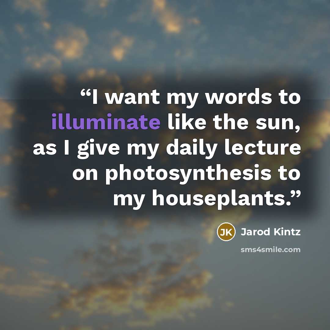 “I want my words to illuminate like the sun, as I give my daily lecture on photosynthesis to my houseplants.” quote by Jarod Kintz