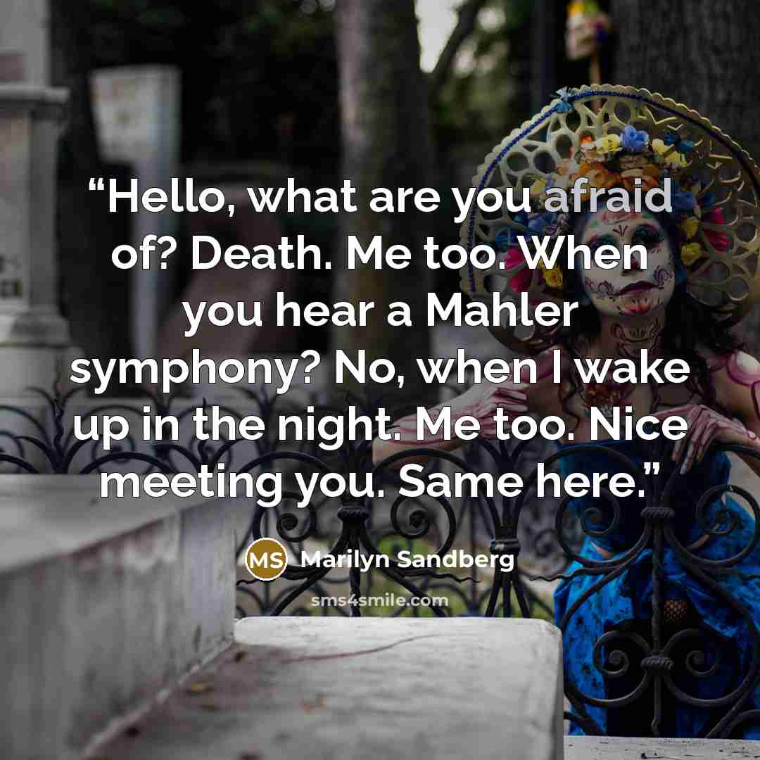 “Hello, what are you afraid of? Death. Me too. When you hear a Mahler symphony? No, when I wake up in the night. Me too. Nice meeting you. Same here.” quote by Marilyn Sandberg