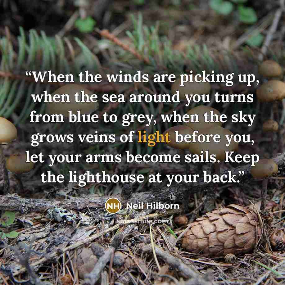 “When the winds are picking up, when the sea around you turns from blue to grey, when the sky grows veins of light before you, let your arms become sails. Keep the lighthouse at your back.” quote by Neil Hilborn
