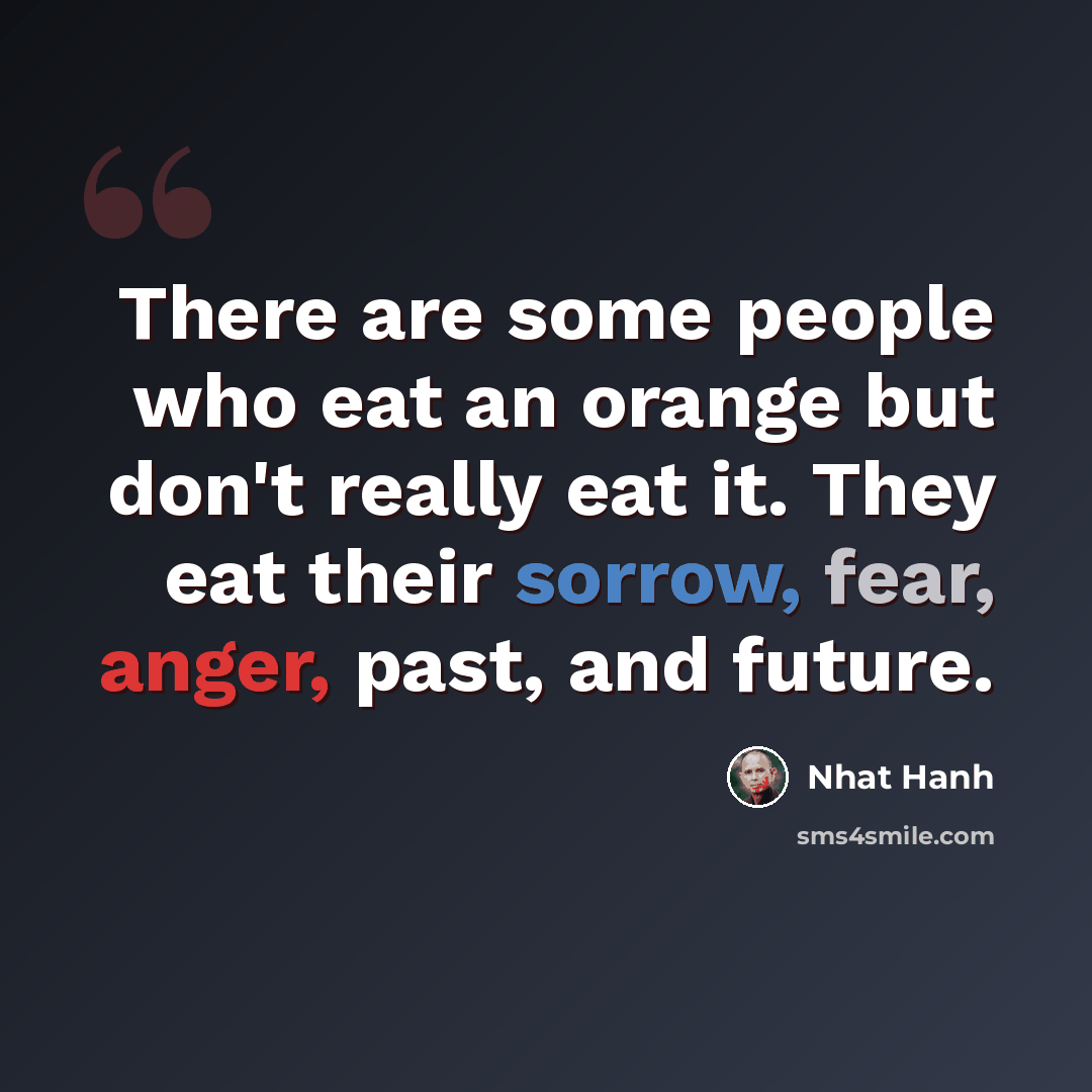 “There are some people who eat an orange but don't really eat it. They eat their sorrow, fear, anger, past, and future.” quote by Nhat Hanh