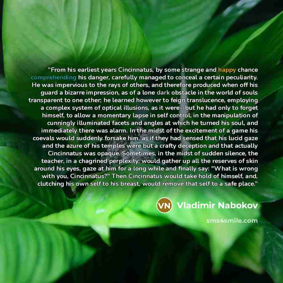 “From his earliest years Cincinnatus, by some strange and happy chance comprehending his danger, carefully managed to conceal a certain peculiarity. He was impervious to the rays of others, and therefore produced when off his guard a bizarre impression, as of a lone dark obstacle in the world of…” quote by Vladimir Nabokov