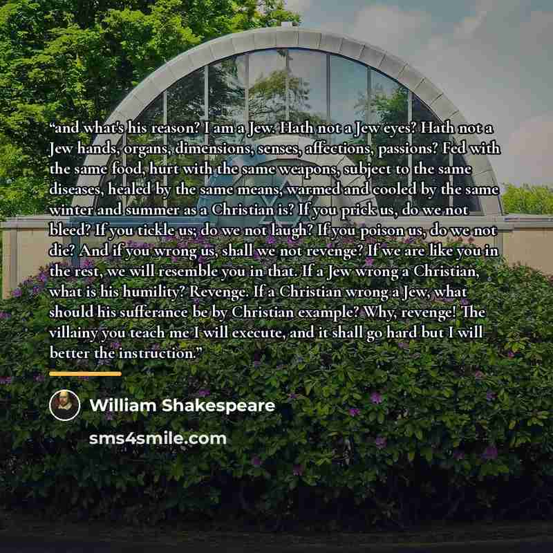 “and what's his reason? I am a Jew. Hath not a Jew eyes? Hath not a Jew hands, organs, dimensions, senses, affections, passions? Fed with the same food, hurt with the same weapons, subject to the same diseases, healed by the same means, warmed and cooled by the same winter and summer as a Christian…” quote by William Shakespeare