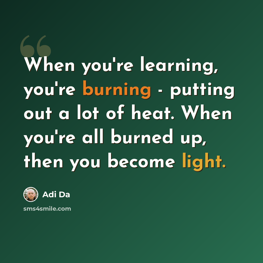 “When you're learning, you're burning - putting out a lot of heat. When you're all burned up, then you become light.” quote by Adi Da