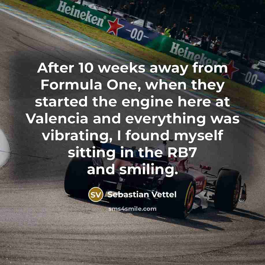 “After 10 weeks away from Formula One, when they started the engine here at Valencia and everything was vibrating, I found myself sitting in the RB7 and smiling.” quote by Sebastian Vettel