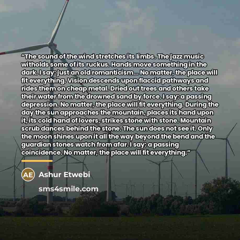 “The sound of the wind stretches its limbs. The jazz music witholds some of its ruckus. Hands move something in the dark. I say: just an old romanticism... No matter, the place will fit everything. Vision descends upon flaccid pathways and rides them on cheap metal. Dried out trees and others take…” quote by Ashur Etwebi