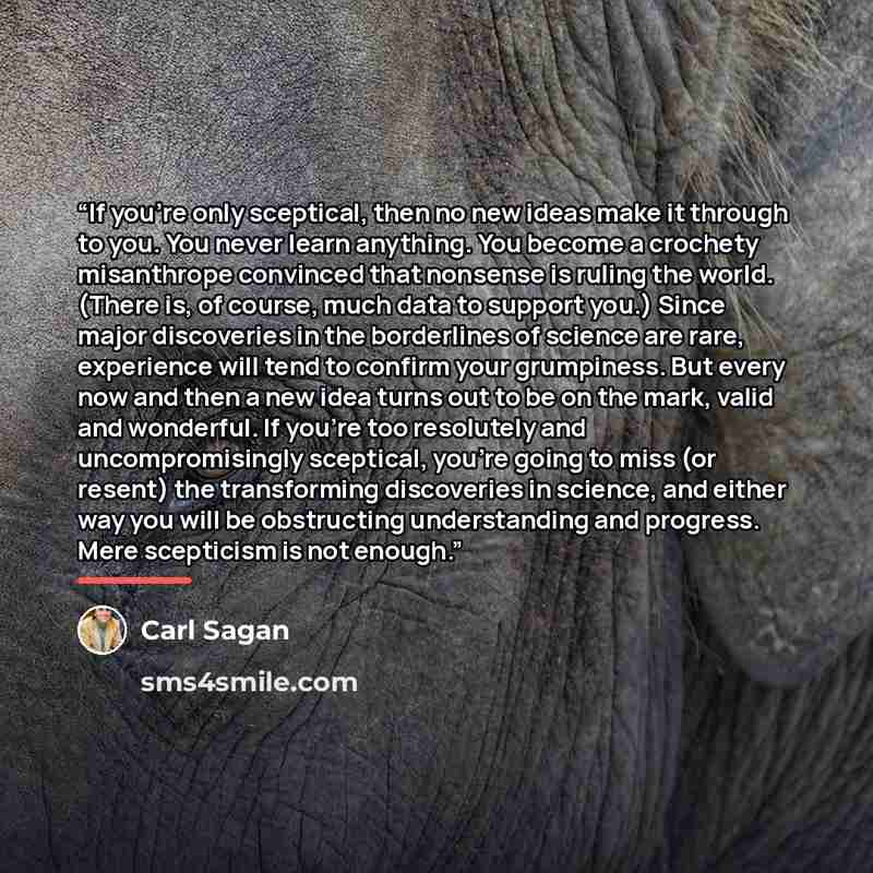 “If you’re only sceptical, then no new ideas make it through to you. You never learn anything. You become a crochety misanthrope convinced that nonsense is ruling the world. (There is, of course, much data to support you.) Since major discoveries in the borderlines of science are rare, experience…” quote by Carl Sagan
