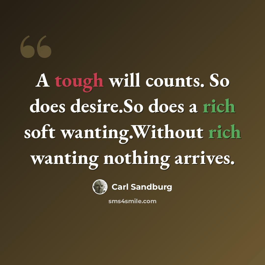 “A tough will counts. So does desire.So does a rich soft wanting.Without rich wanting nothing arrives.” quote by Carl Sandburg