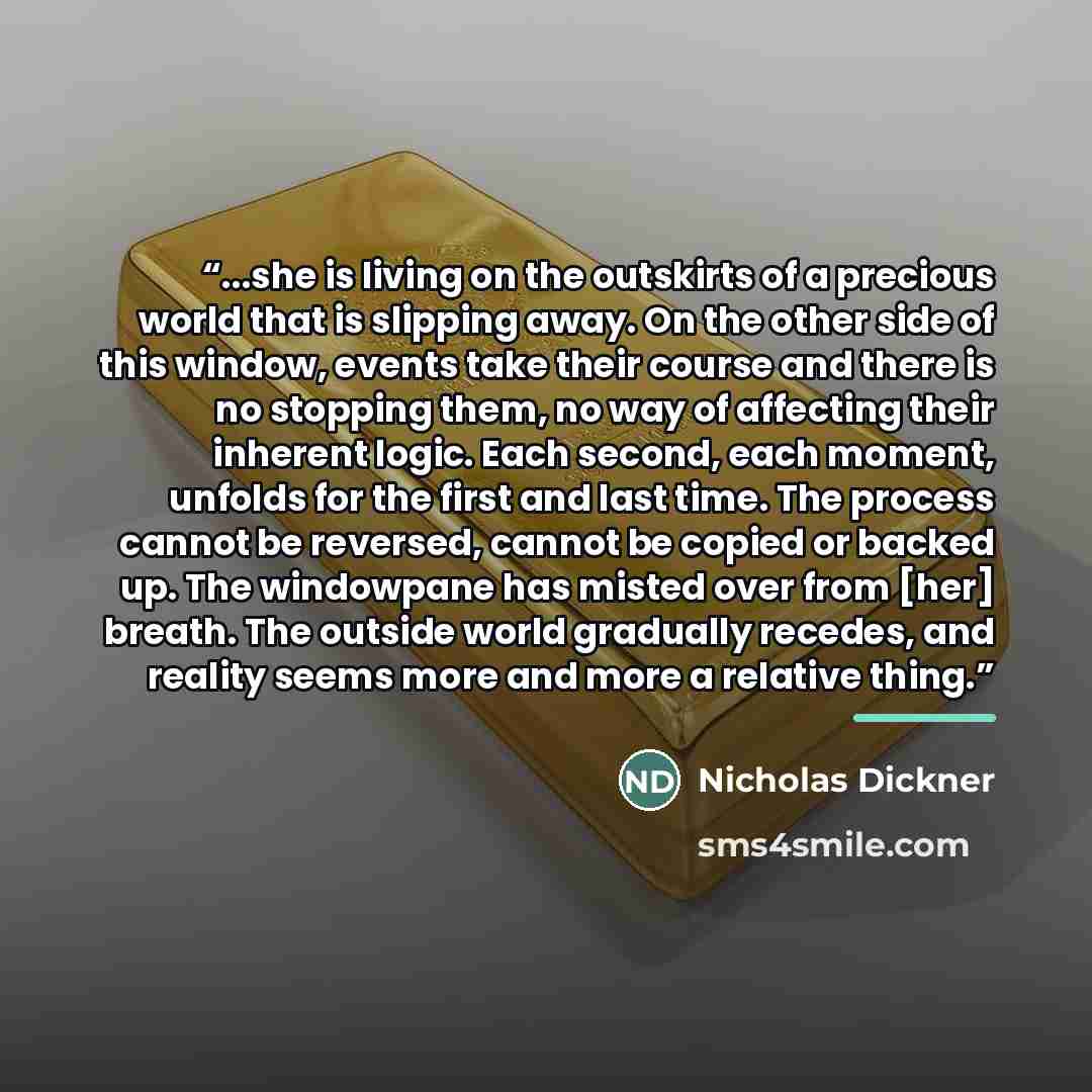 “...she is living on the outskirts of a precious world that is slipping away. On the other side of this window, events take their course and there is no stopping them, no way of affecting their inherent logic. Each second, each moment, unfolds for the first and last time. The process cannot be…” quote by Nicholas Dickner