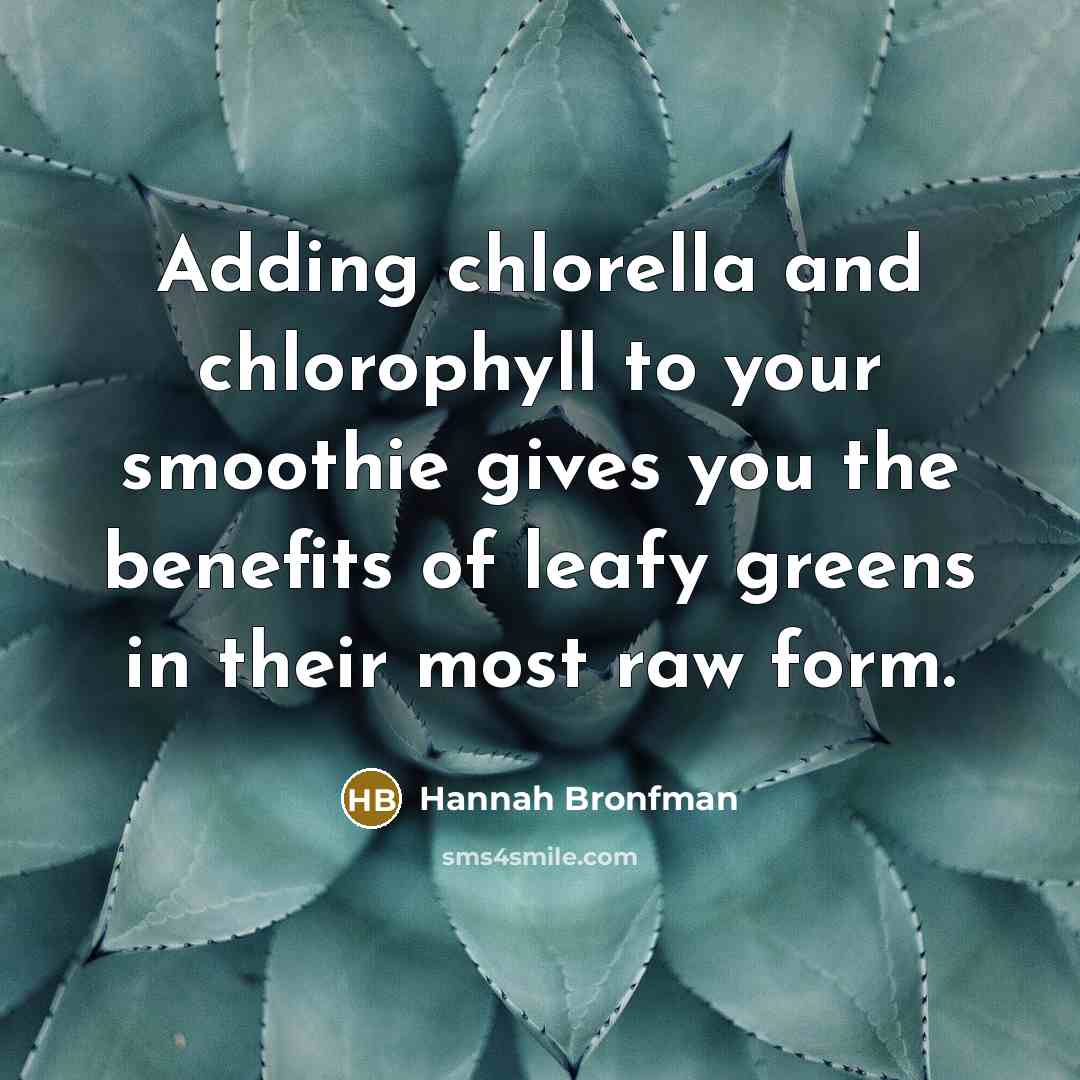 “Adding chlorella and chlorophyll to your smoothie gives you the benefits of leafy greens in their most raw form.” quote by Hannah Bronfman