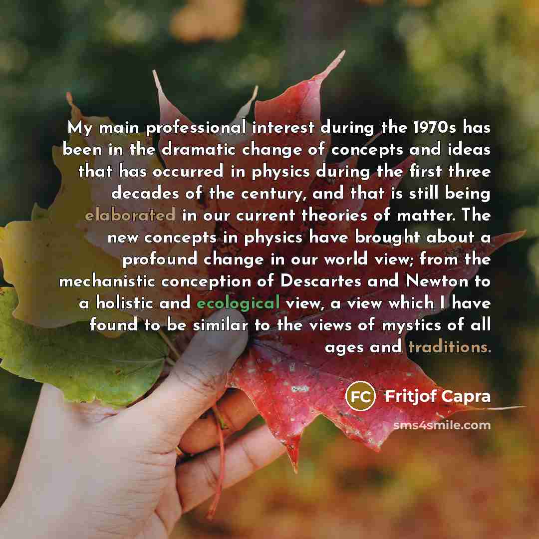 “My main professional interest during the 1970s has been in the dramatic change of concepts and ideas that has occurred in physics during the first three decades of the century, and that is still being elaborated in our current theories of matter. The new concepts in physics have brought about a…” quote by Fritjof Capra