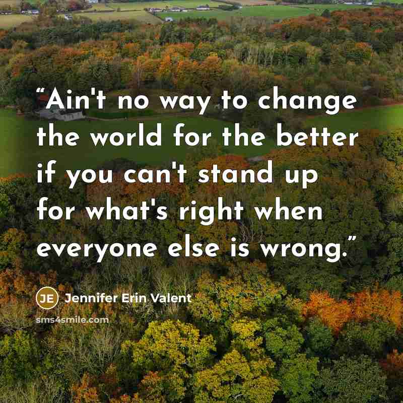 “Ain't no way to change the world for the better if you can't stand up for what's right when everyone else is wrong.” quote by Jennifer Erin Valent