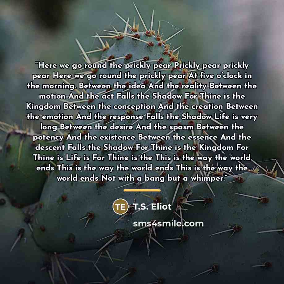 “Here we go round the prickly pear Prickly pear prickly pear Here we go round the prickly pear At five o’clock in the morning. Between the idea And the reality Between the motion And the act Falls the Shadow For Thine is the Kingdom Between the conception And the creation Between the emotion And…” quote by T.S. Eliot
