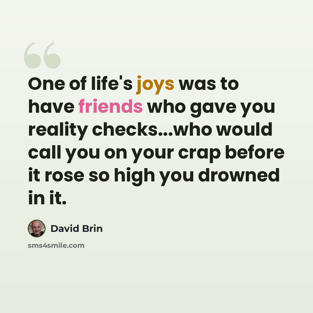 “One of life's joys was to have friends who gave you reality checks...who would call you on your crap before it rose so high you drowned in it.” quote by David Brin