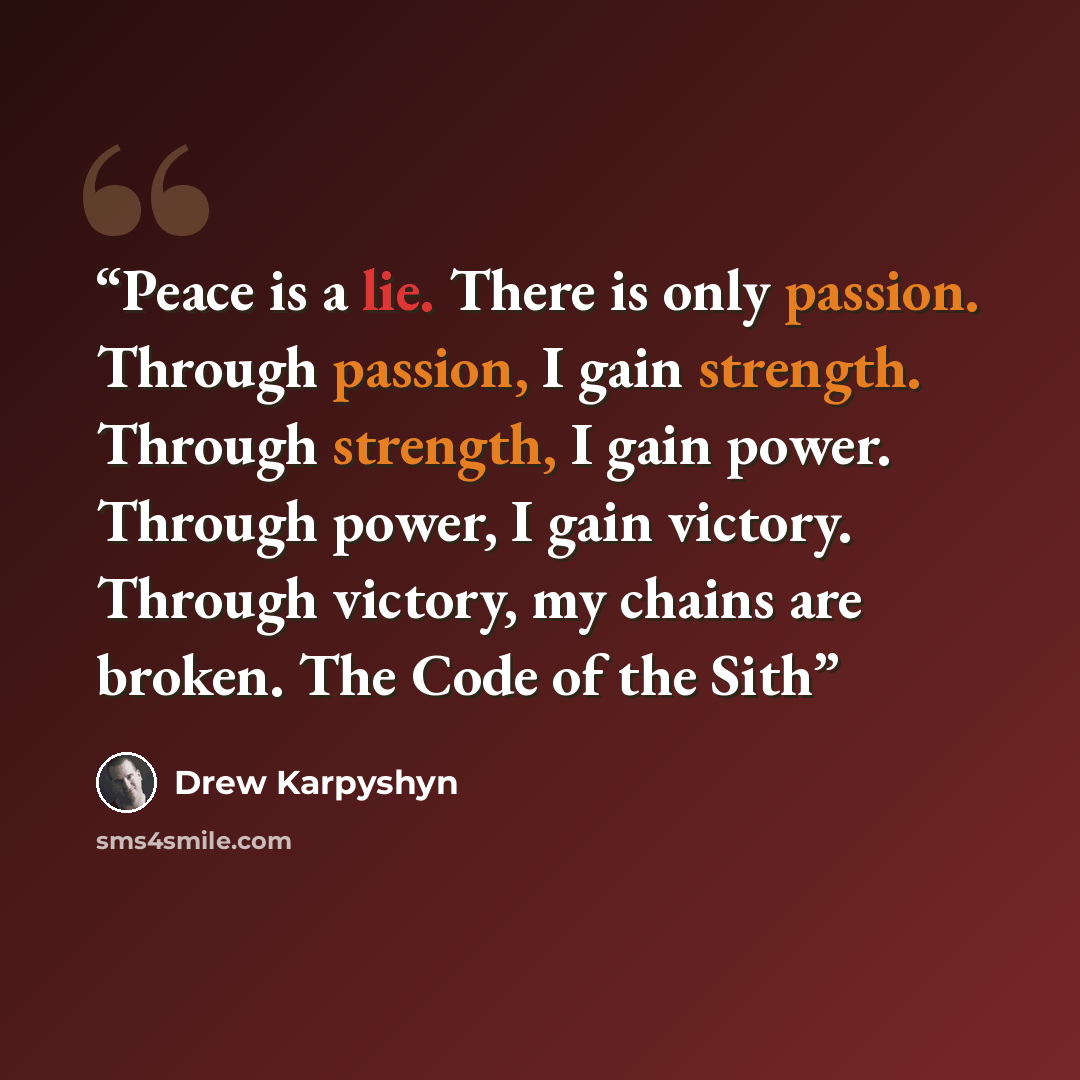 “Peace is a lie. There is only passion. Through passion, I gain strength. Through strength, I gain power. Through power, I gain victory. Through victory, my chains are broken. The Code of the Sith” quote by Drew Karpyshyn