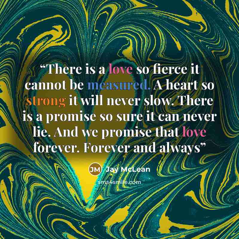 “There is a love so fierce it cannot be measured. A heart so strong it will never slow. There is a promise so sure it can never lie. And we promise that love forever. Forever and always” quote by Jay McLean