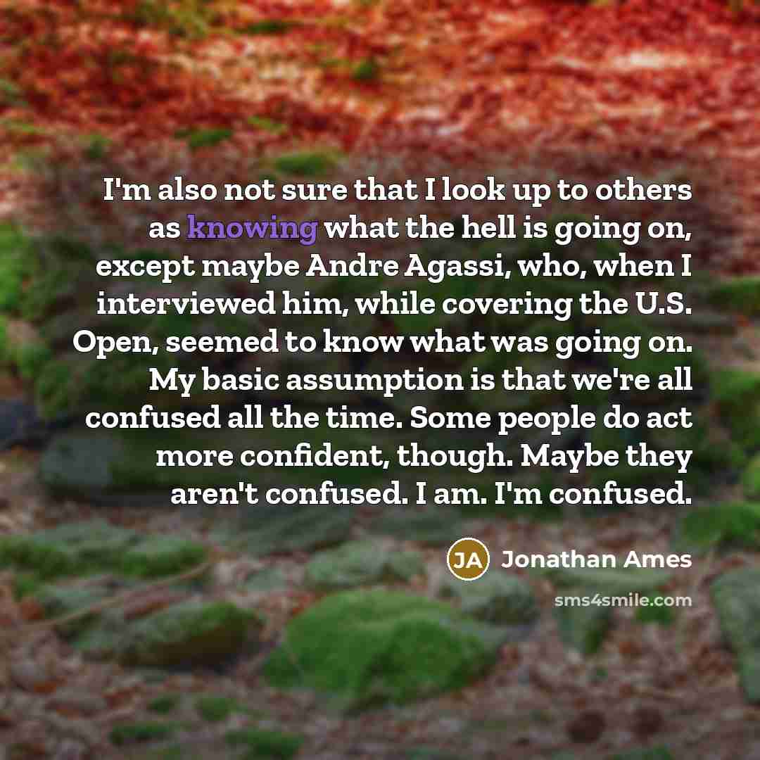 “I'm also not sure that I look up to others as knowing what the hell is going on, except maybe Andre Agassi, who, when I interviewed him, while covering the U.S. Open, seemed to know what was going on. My basic assumption is that we're all confused all the time. Some people do act more confident…” quote by Jonathan Ames