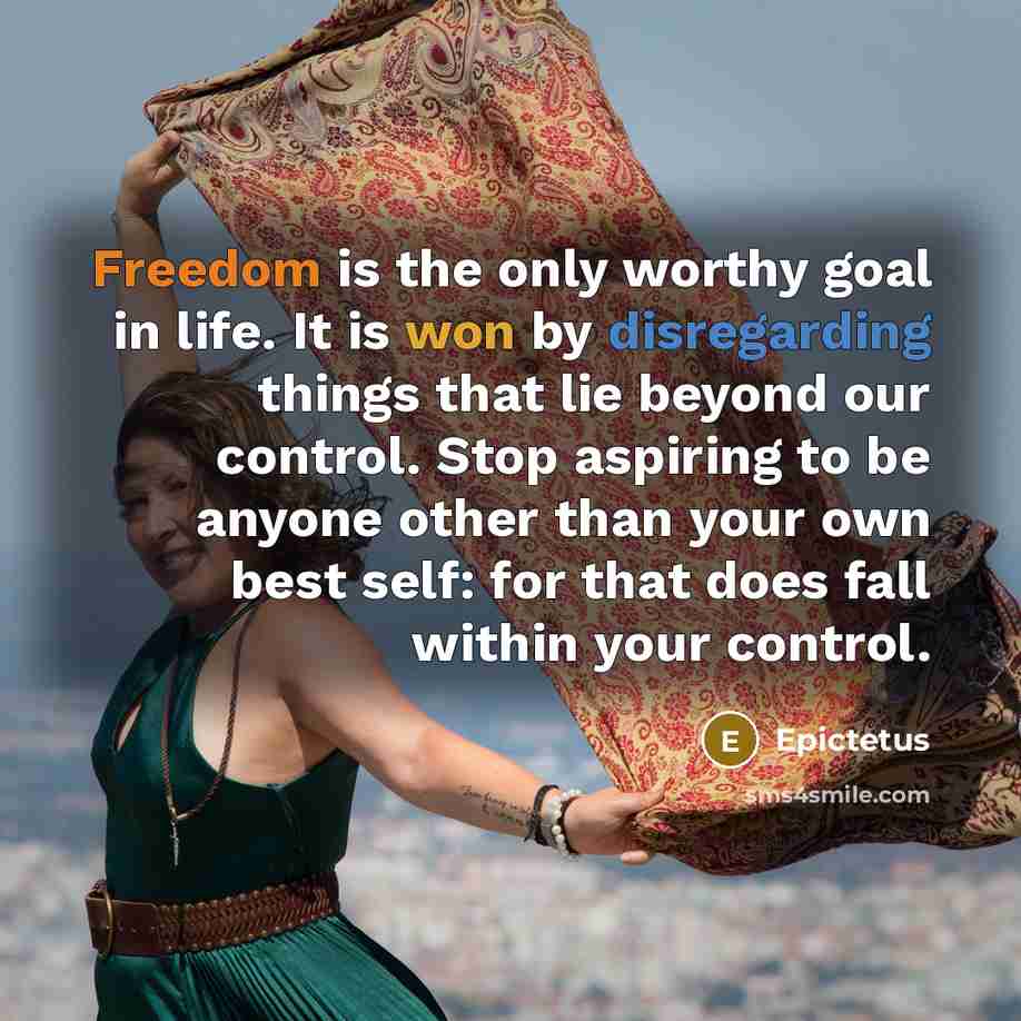 “Freedom is the only worthy goal in life. It is won by disregarding things that lie beyond our control. Stop aspiring to be anyone other than your own best self: for that does fall within your control.” quote by Epictetus