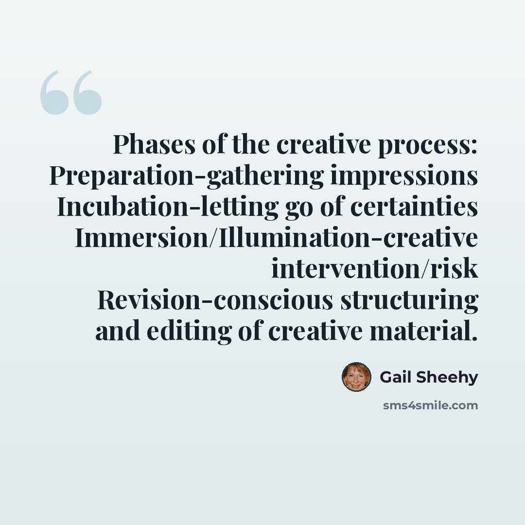 “Phases of the creative process: Preparation-gathering impressions Incubation-letting go of certainties Immersion/Illumination-creative intervention/risk Revision-conscious structuring and editing of creative material.” quote by Gail Sheehy