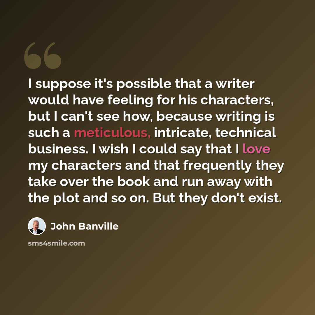 “I suppose it's possible that a writer would have feeling for his characters, but I can't see how, because writing is such a meticulous, intricate, technical business. I wish I could say that I love my characters and that frequently they take over the book and run away with the plot and so on. But…” quote by John Banville