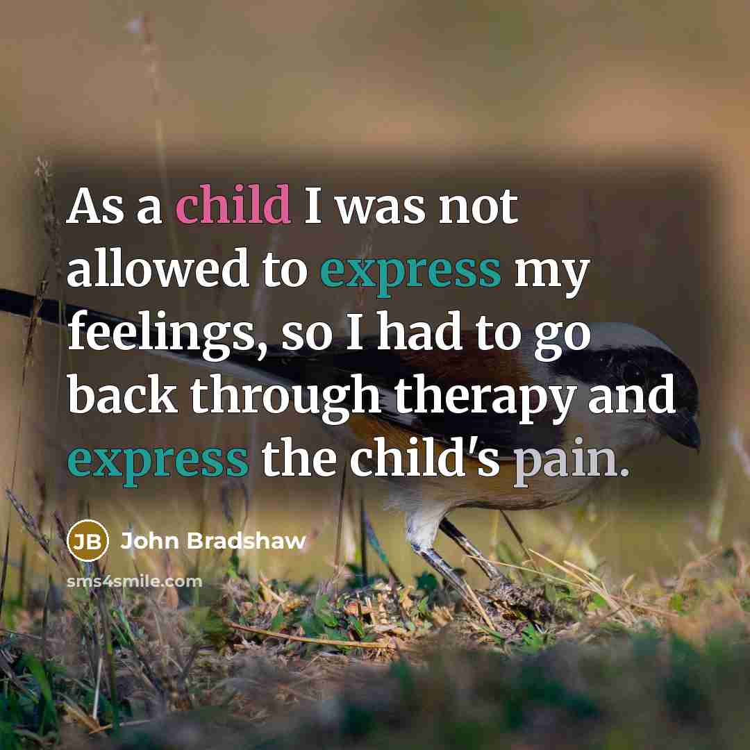 “As a child I was not allowed to express my feelings, so I had to go back through therapy and express the child's pain.” quote by John Bradshaw