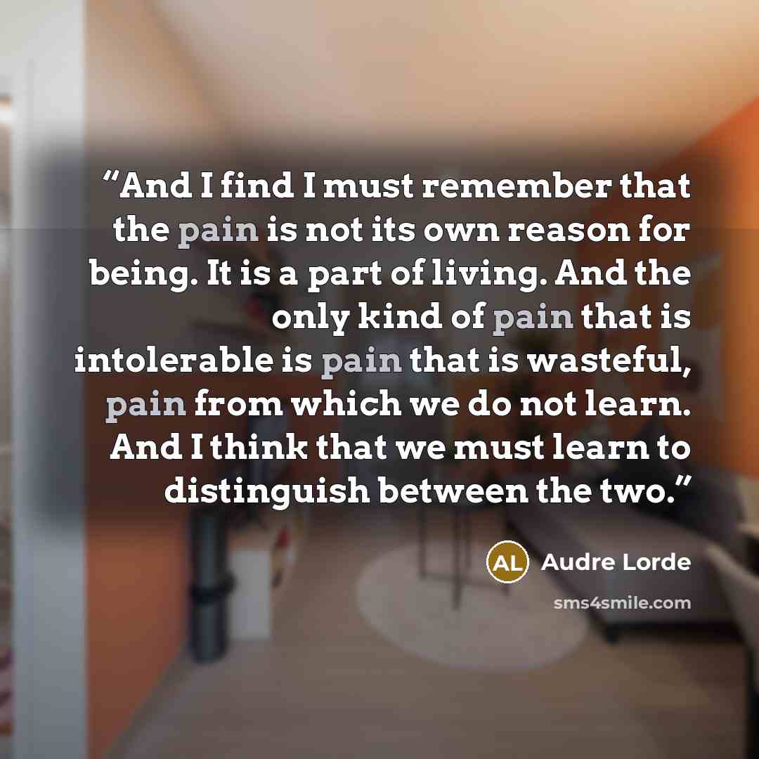 “And I find I must remember that the pain is not its own reason for being. It is a part of living. And the only kind of pain that is intolerable is pain that is wasteful, pain from which we do not learn. And I think that we must learn to distinguish between the two.” quote by Audre Lorde