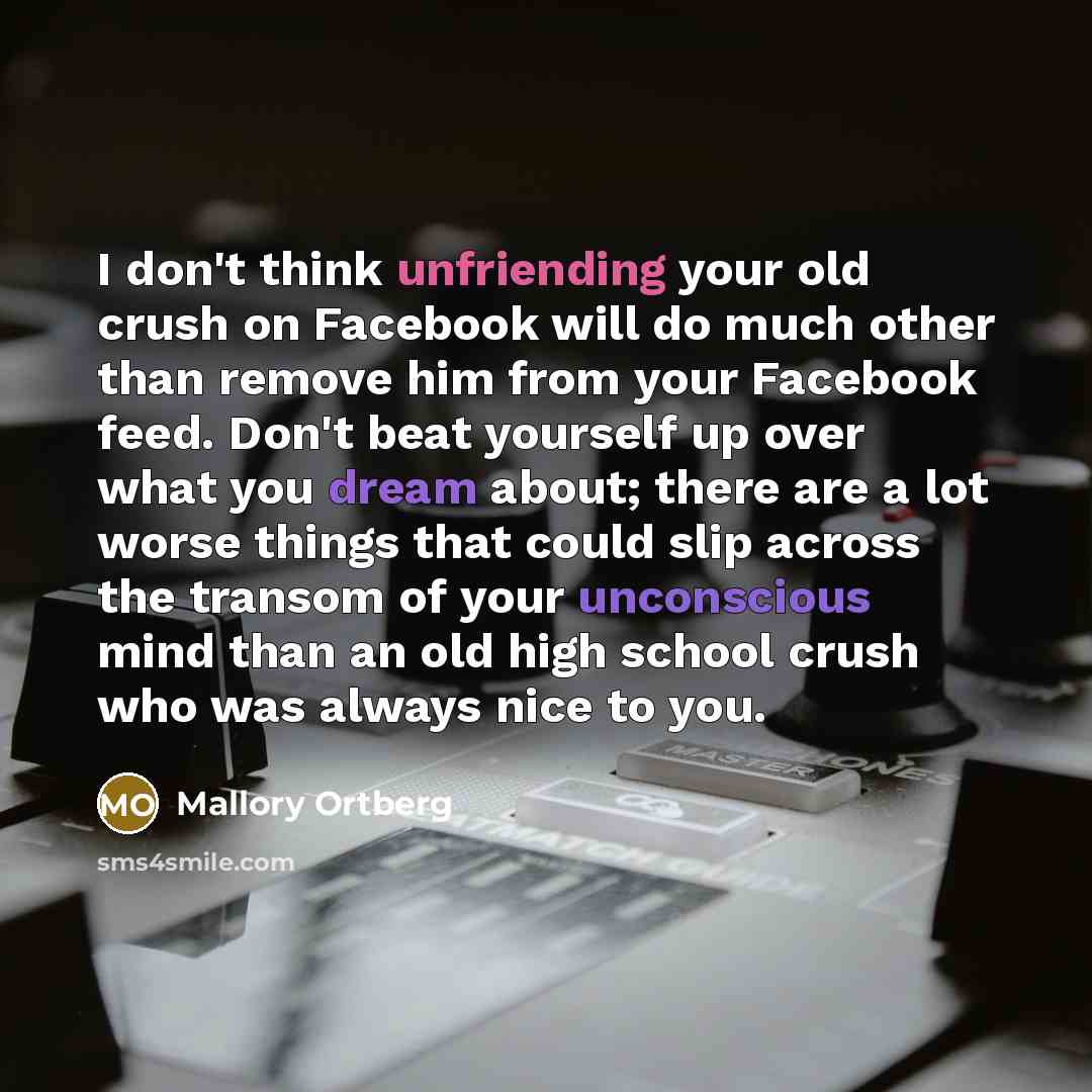 “I don't think unfriending your old crush on Facebook will do much other than remove him from your Facebook feed. Don't beat yourself up over what you dream about; there are a lot worse things that could slip across the transom of your unconscious mind than an old high school crush who was always…” quote by Mallory Ortberg