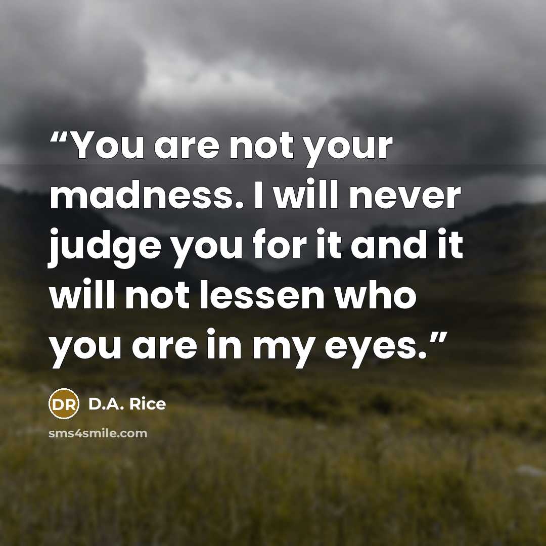 “You are not your madness. I will never judge you for it and it will not lessen who you are in my eyes.” quote by D.A. Rice