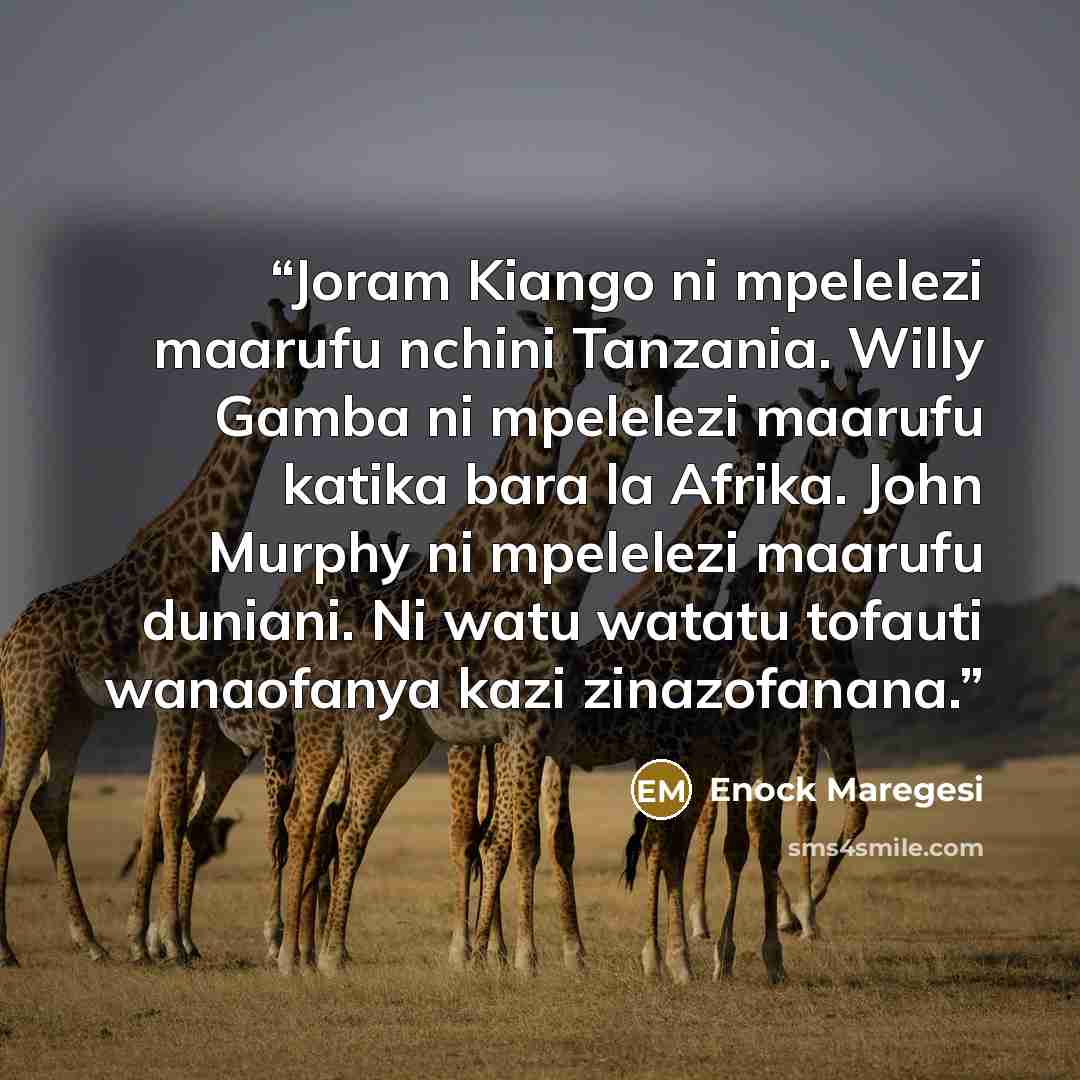“Joram Kiango ni mpelelezi maarufu nchini Tanzania. Willy Gamba ni mpelelezi maarufu katika bara la Afrika. John Murphy ni mpelelezi maarufu duniani. Ni watu watatu tofauti wanaofanya kazi zinazofanana.” quote by Enock Maregesi