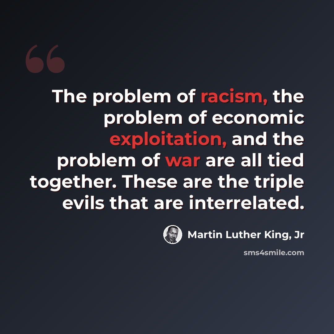 “The problem of racism, the problem of economic exploitation, and the problem of war are all tied together. These are the triple evils that are interrelated.” quote by Martin Luther King, Jr